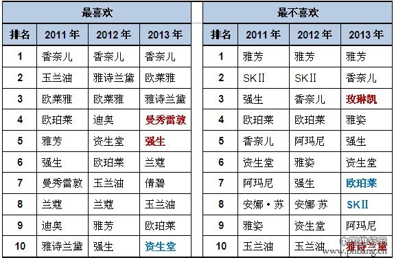 2013年中国市场外资化妆品品牌受欢迎度排行