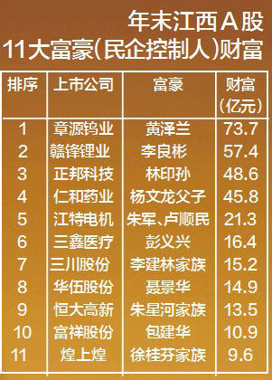 2015年A股江西富豪最新排行榜