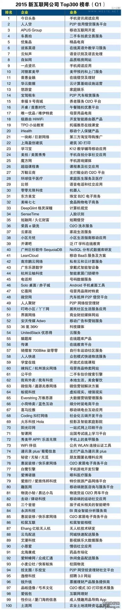 2015中国新互联网公司300强排行榜（名单）