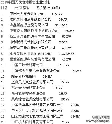 2015年中国光伏电站投资企业20强